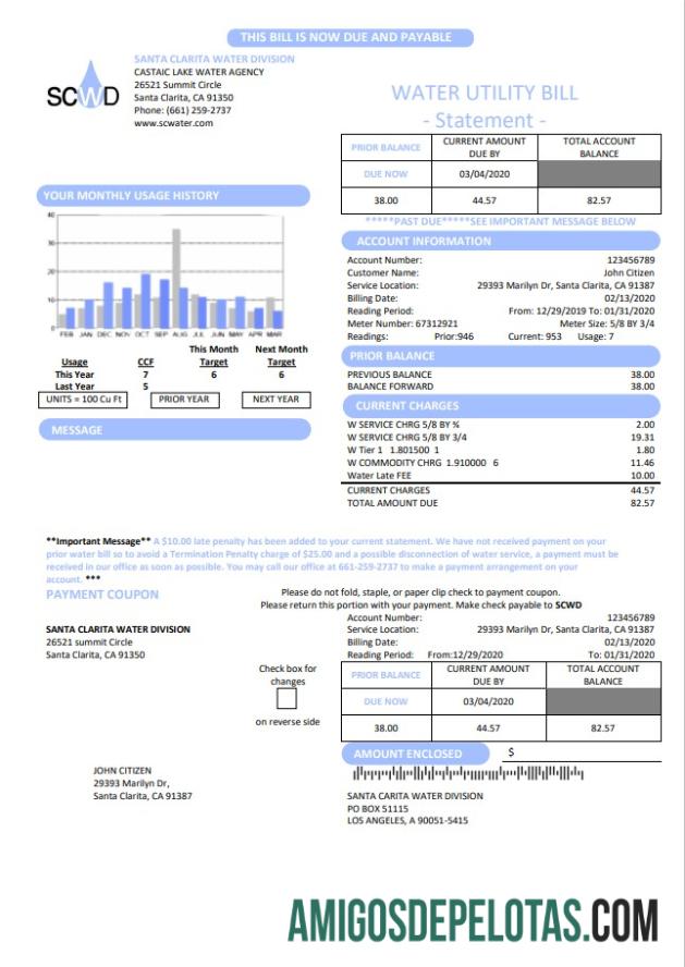 Para baixar modelo de conta de serviços públicos da Divisão de Água de Santa Clarita (SCWD) dos EUA, Califórnia, em formato Word e PDF